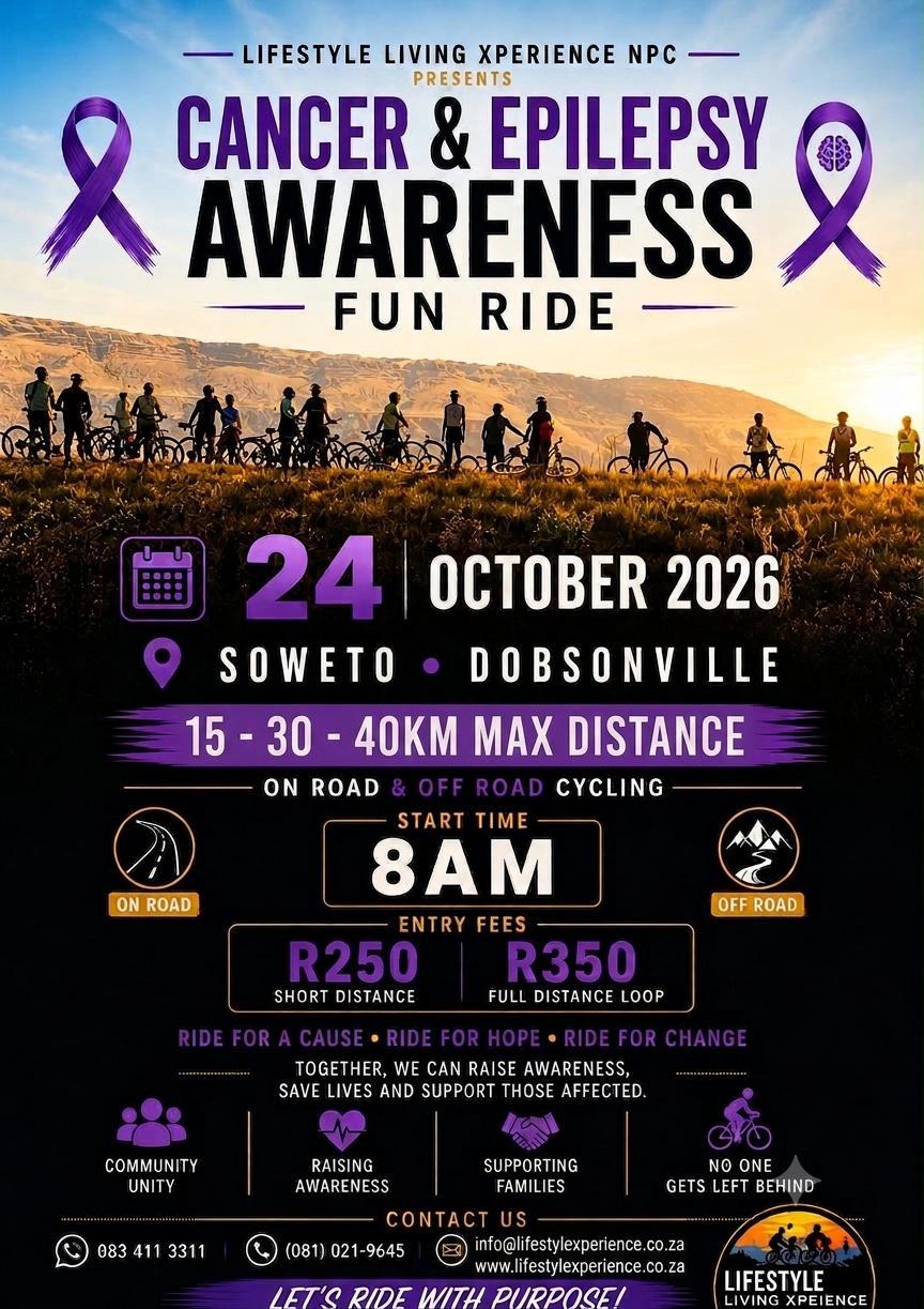 Cancer & Epilepsy Awareness Fun Ride on 24 October 2026 in Soweto and Dobsonville flyer